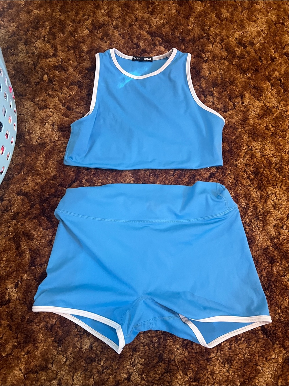 Fashion Nova Blue Bike Shorts Set with White Trim